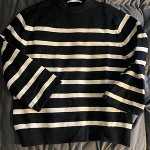 Zara Black and White Striped Crewneck Sweater